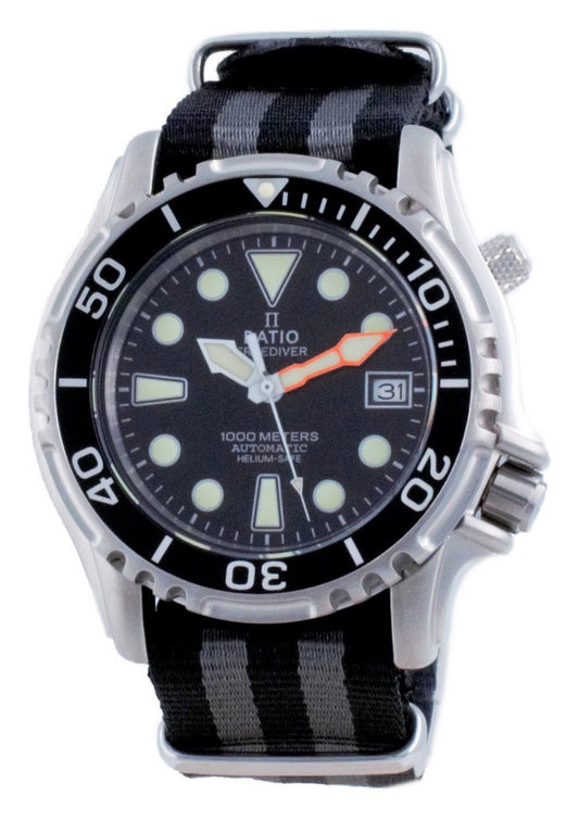 Ratio Free Diver Helium Safe Nylon Automatic Diver's 1066ke20-33va-blk-var-nato1 1000m Men's Watch