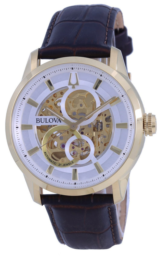 Bulova Classic Sutton Skeleton White Dial Leather Strap Automatic 97a138 Men's Watch