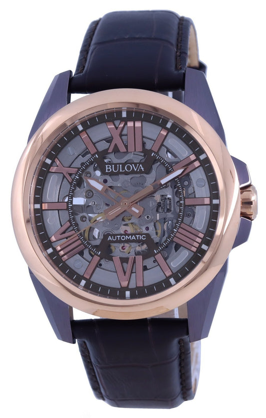 Bulova Classic Skeleton Silver Dial Leather Strap Automatic 98a165 100m Men's Watch