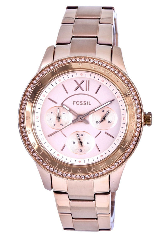 Fossil Stella Sport Tachymeter Crystal Accents Rose Gold Tone Dial Quartz Es5106 Women's Watch