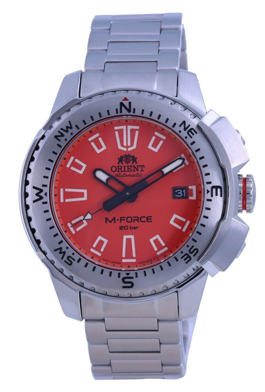 Orient M-force Orange Dial Stainless Steel Automatic Diver's Ra-ac0n02y10b 200m Men's Watch